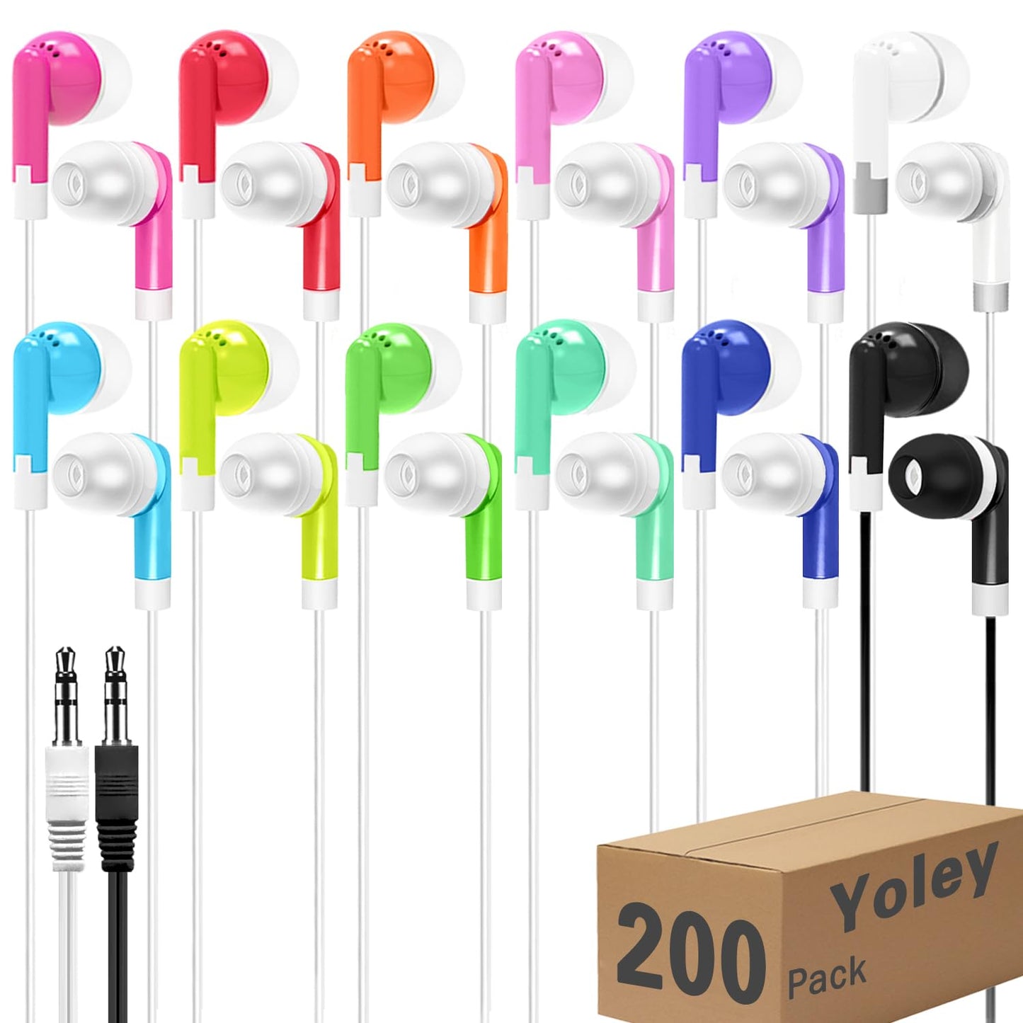 Yoley 200 Packs Classroom Earbuds Bulk Headphones for Kids School Students Children, Wholesale Class Set Durable Earphones, Individually Bagged (200