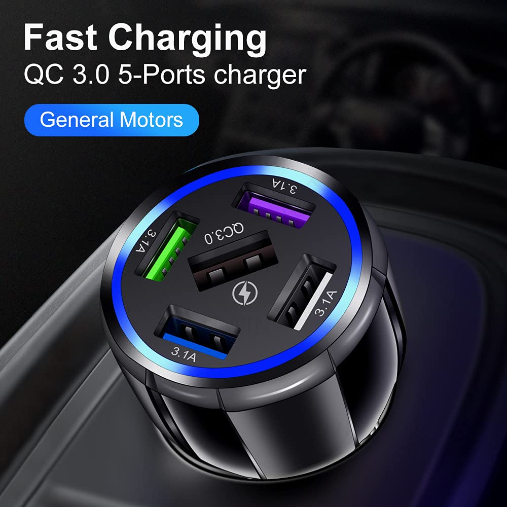 Alanph Car Charger Adapter, 5 Port QC3.0 Fast Charging Car Cigarette Lighter USB Charger, Compatible with iPhone, Android, Samsung, iPad Pro, and More