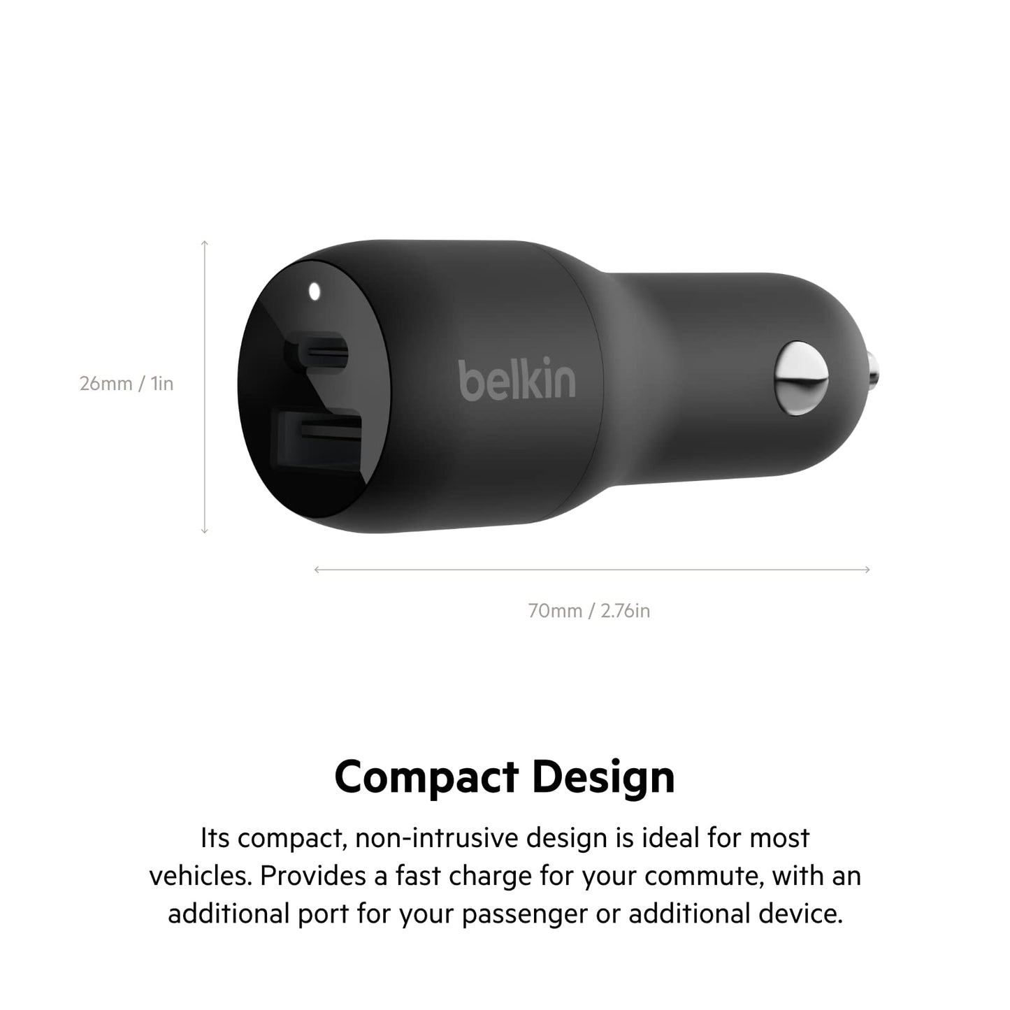 Belkin 37 Watt Dual USB Car Charger - Power Delivery 25W USB C Port & 12W USB A Port for PPS Charging Apple iPhone 14, 14 Pro, 14 Pro Max, iPhone 13