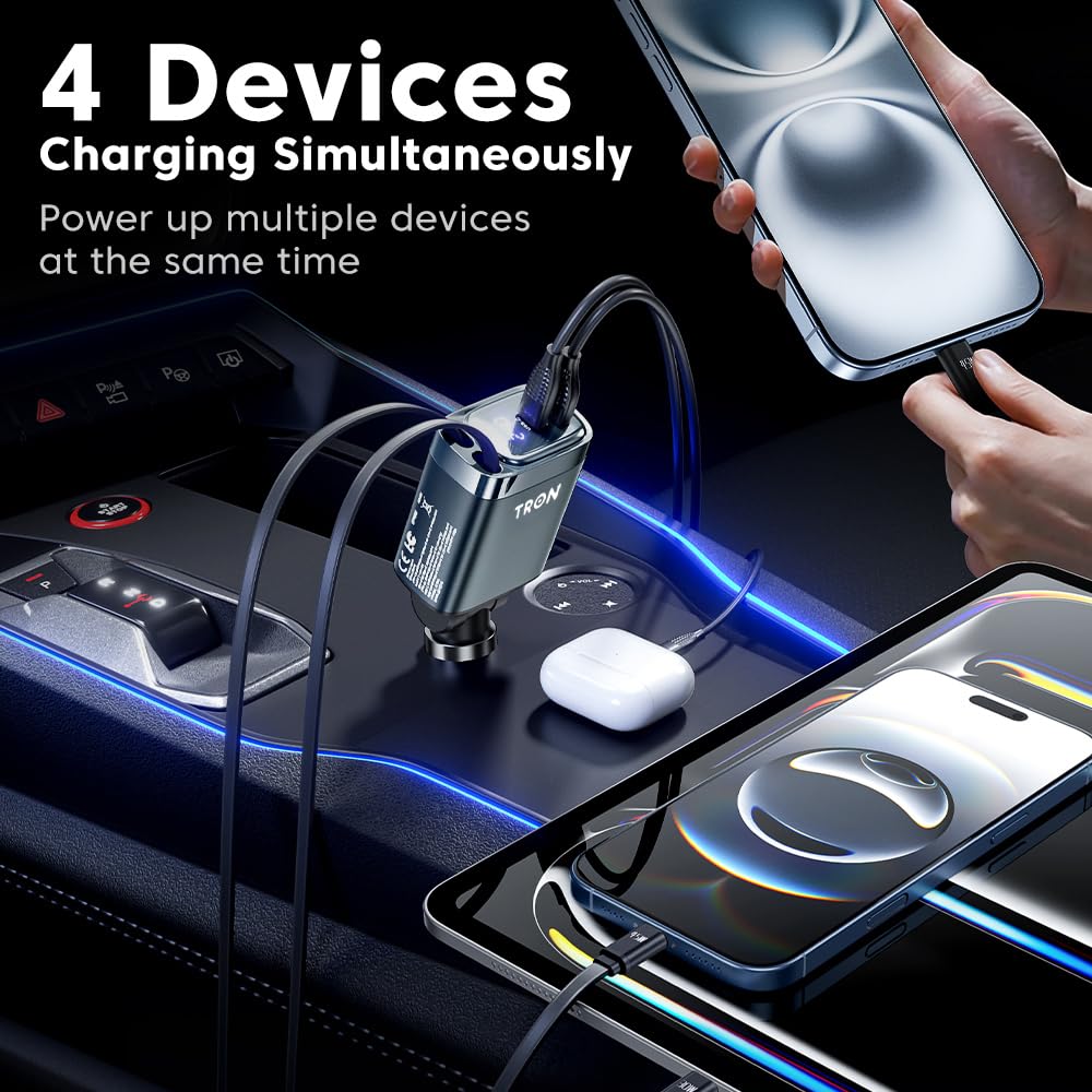 TRON 105W 4-in-1 Retractable Car Charger, Aluminum Alloy USB-C & Lighting Car Adapter with Smart Digital Display, Fast Charging for iPhone