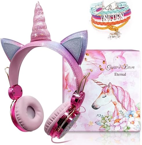 TCJJ Unicorn Kids Headphones for Girls Children Teens, Wired Headphones for Kids with Adjustable Headband, 3.5mm Jack and Over On Ear Headset w/Mic