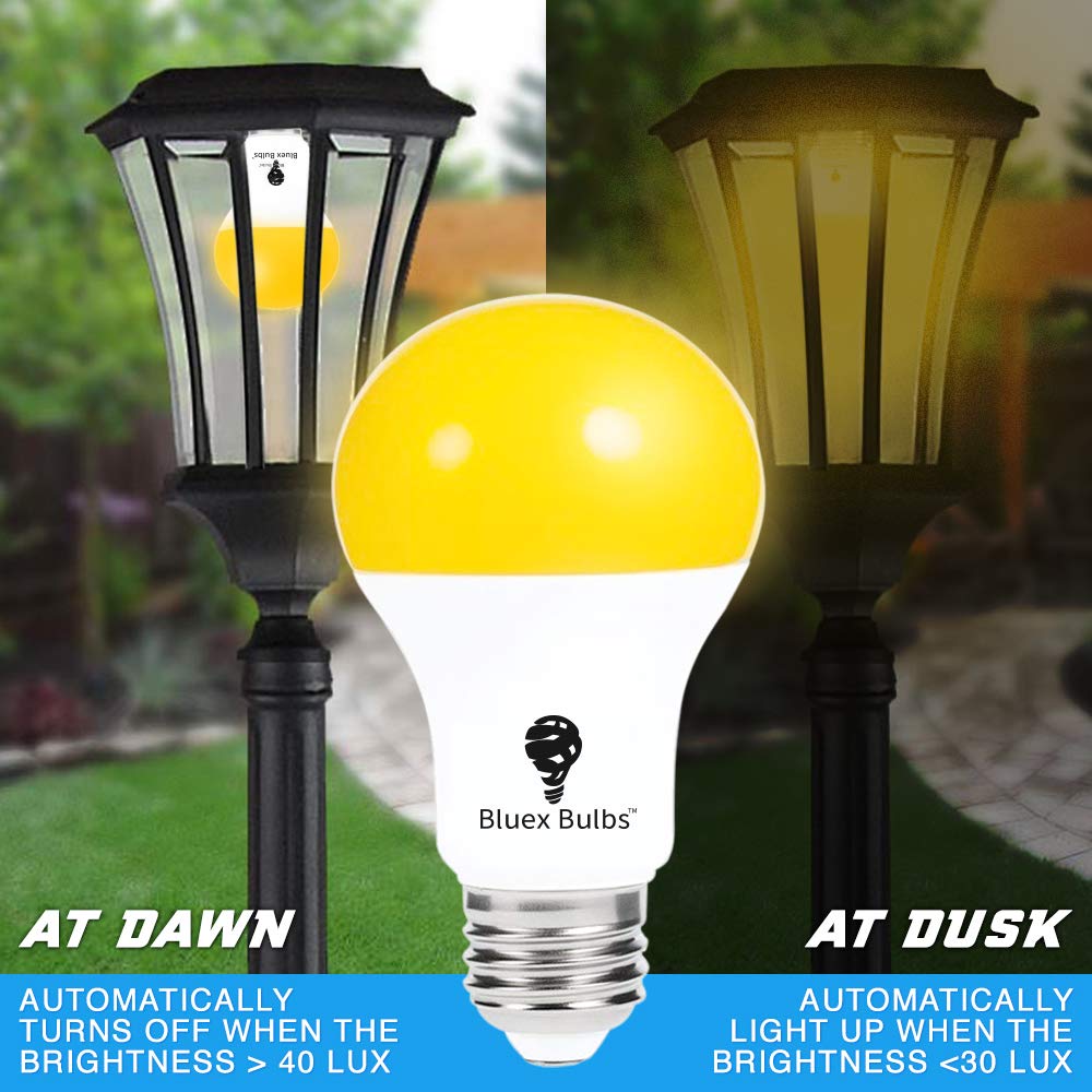 2 Pack LED Dusk to Dawn A19 Bug Light Bulbs, Yellow Amber Light With Automatic Sensor, Porch Lights Security, Auto On/Off, 2000K E26, 500 Lumens