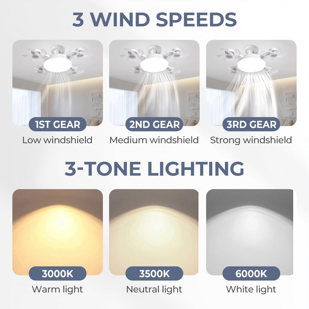 2-in-1 LED Ceiling Fan Light E26 E27, Remote 3 Speeds 3 Color Temp