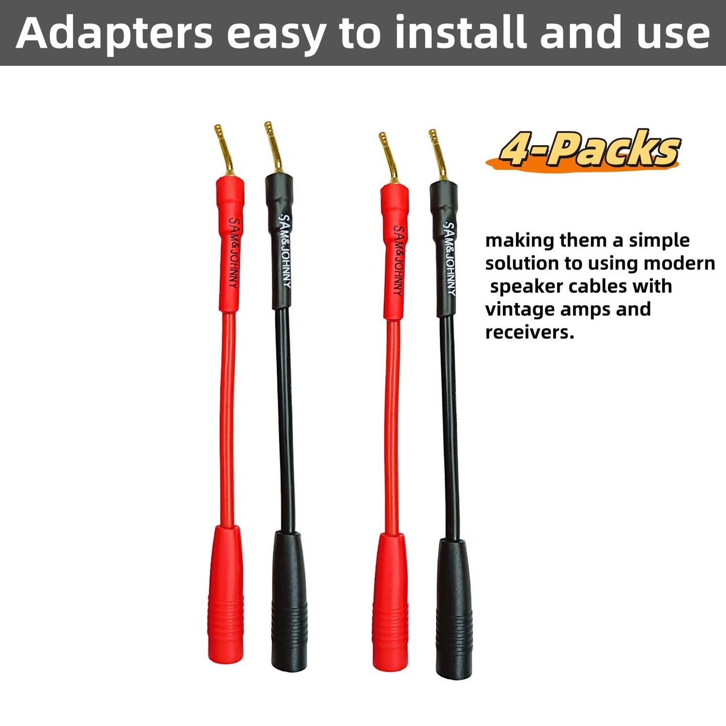 Sam&Johnny Banana Plug Adapter 4-Pack - Gold Plated Speaker Wire Connectors 2mm to 4mm for Amplifier Home Theater Audio Equipment