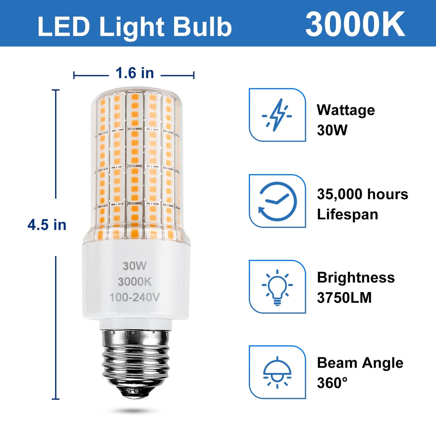 Led Light Bulb Equivalent 250w 2pcs Super Bright Led Bulbs, 3750 Lumen 3000k Warm Daylight White 30w Waterproof Led Corn Light Bulb E26/E27 Medium