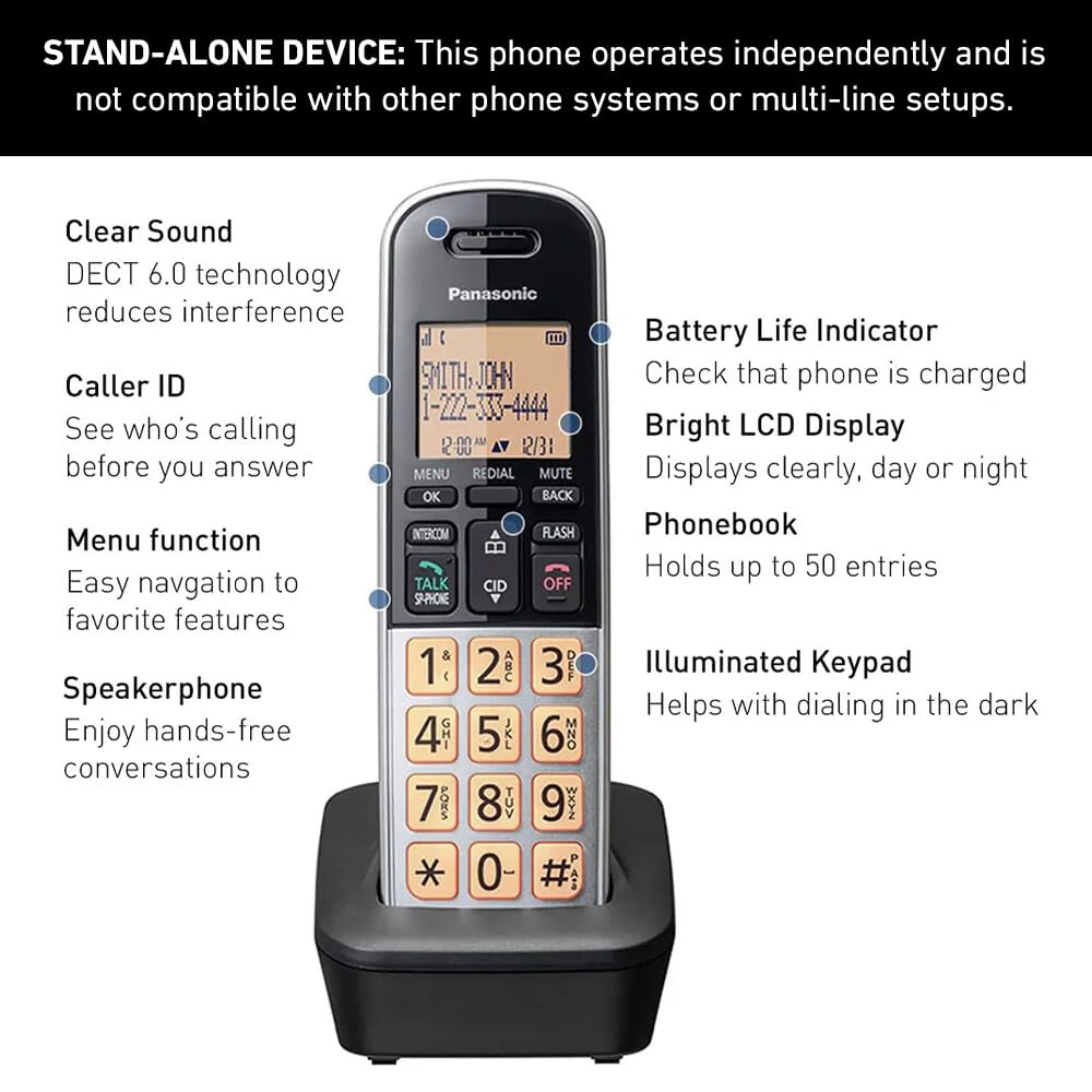 Panasonic Compact Cordless Phone with DECT 6.0, 1.6" Amber LCD and Illuminated HS Keypad, Call Block, Caller ID, Multiple Display Languages - 1