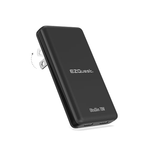 EZQuest UltraSlim 70W GaN II Dual USB-C PD Wall Charger - Compact Flat Plug Adapter with Foldable Design, Intelligent Power Allocation & Fast Charging
