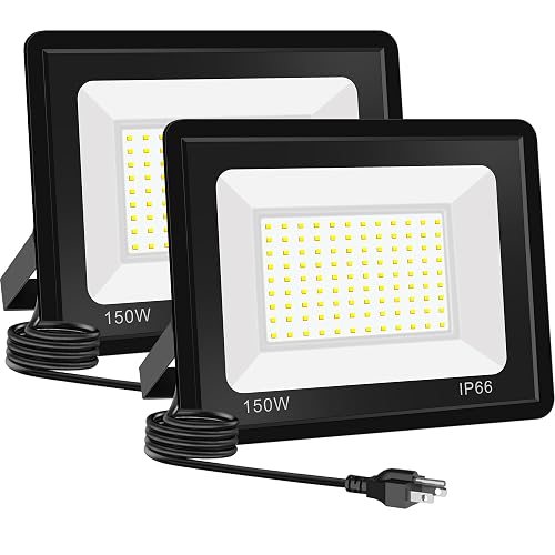 Onkavox 2Pack 150W Flood Light Outdoor, Work Light with 5FT US Plug,IP66 Waterproof Exterior Security Lights,5000K Daylight White Outside Floodlights
