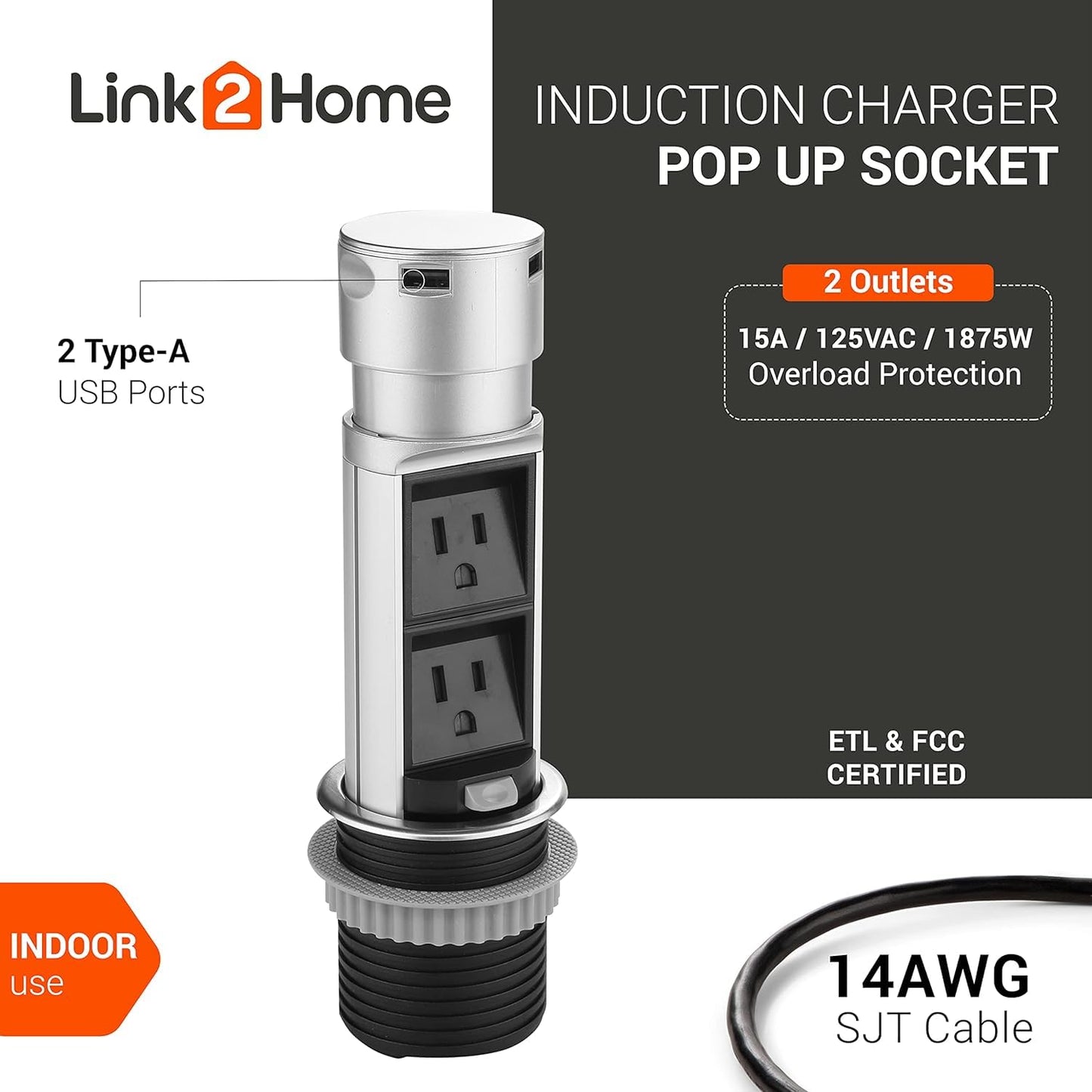 Link2Home 2 Pack Space Saver Pop Up Outlet Station with USB, 2 Power Outlets 15A, 2 USB Ports 2.4A Fast Charge Splash Resistant, Stainless-Steel