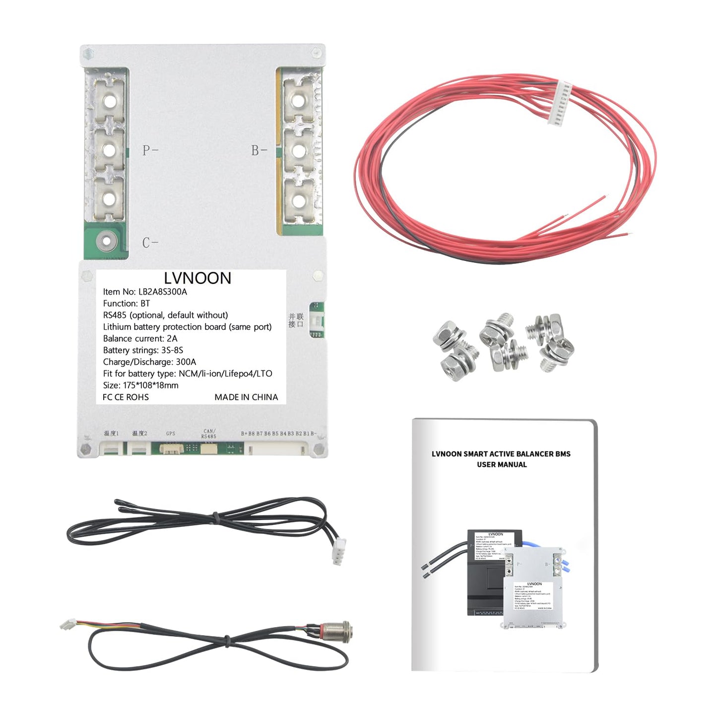 LVNOON LB2A Smart Active Balancer BMS for Li-ion NCM LFP LiFePo4 LTO Battery Management System 3S 4S 5S 7S 8S 300A with APP Control 12V 24V (3-8S…