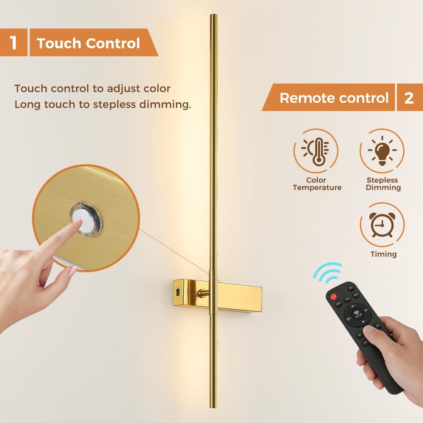 MKBNG 33 Inch Battery Operated Wall Sconce Set of 2, Antique Brass Rechargeable Wall Lights with Remote, 350° Rotatable LED Wireless Sconce, 3CCT