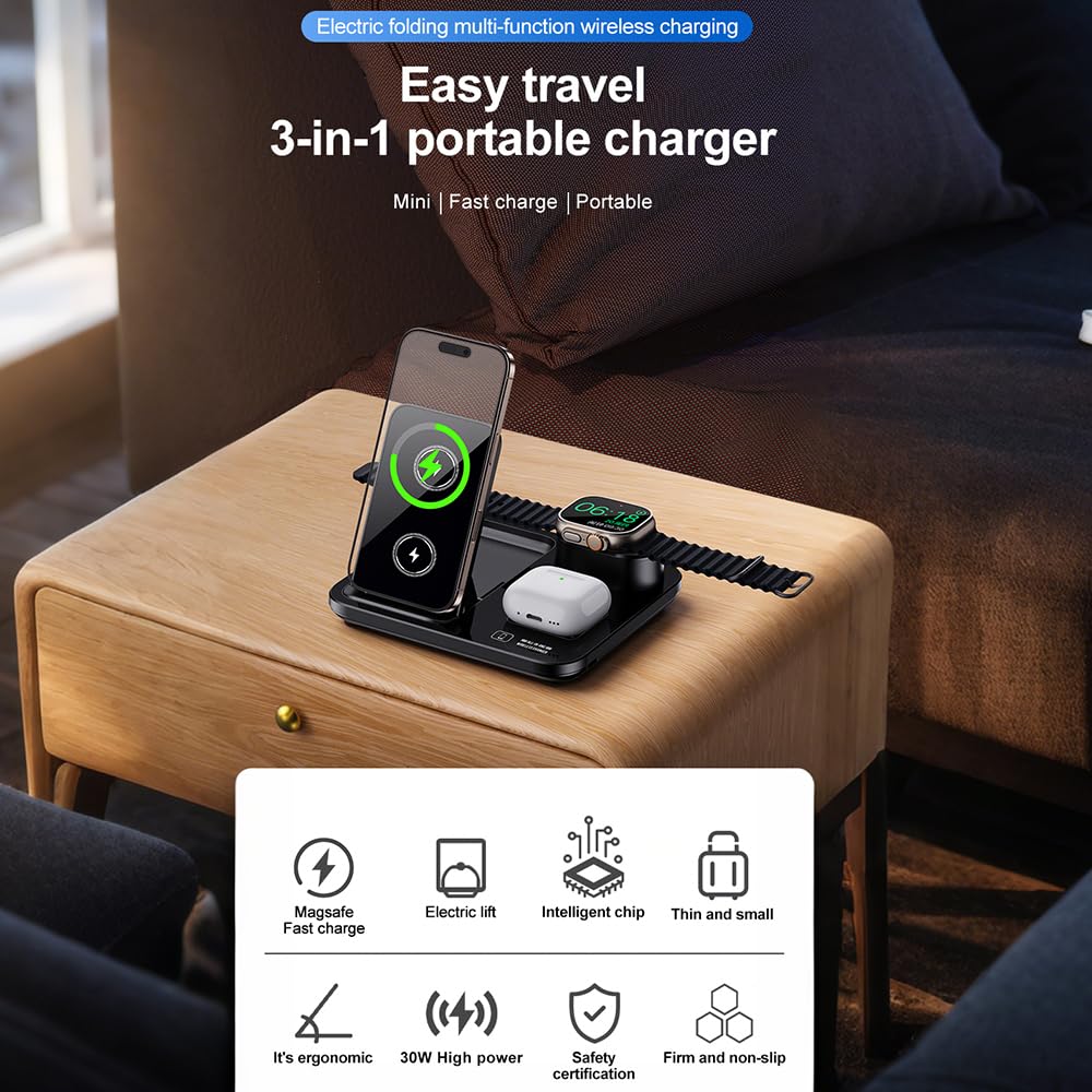 IHAO 3in1 Auto-Rising Wireless Charging Station 15W Fast Charge Ultra-Slim Foldable Design Wireless Charger for Phone Watch Earbud QC3.0 & PD