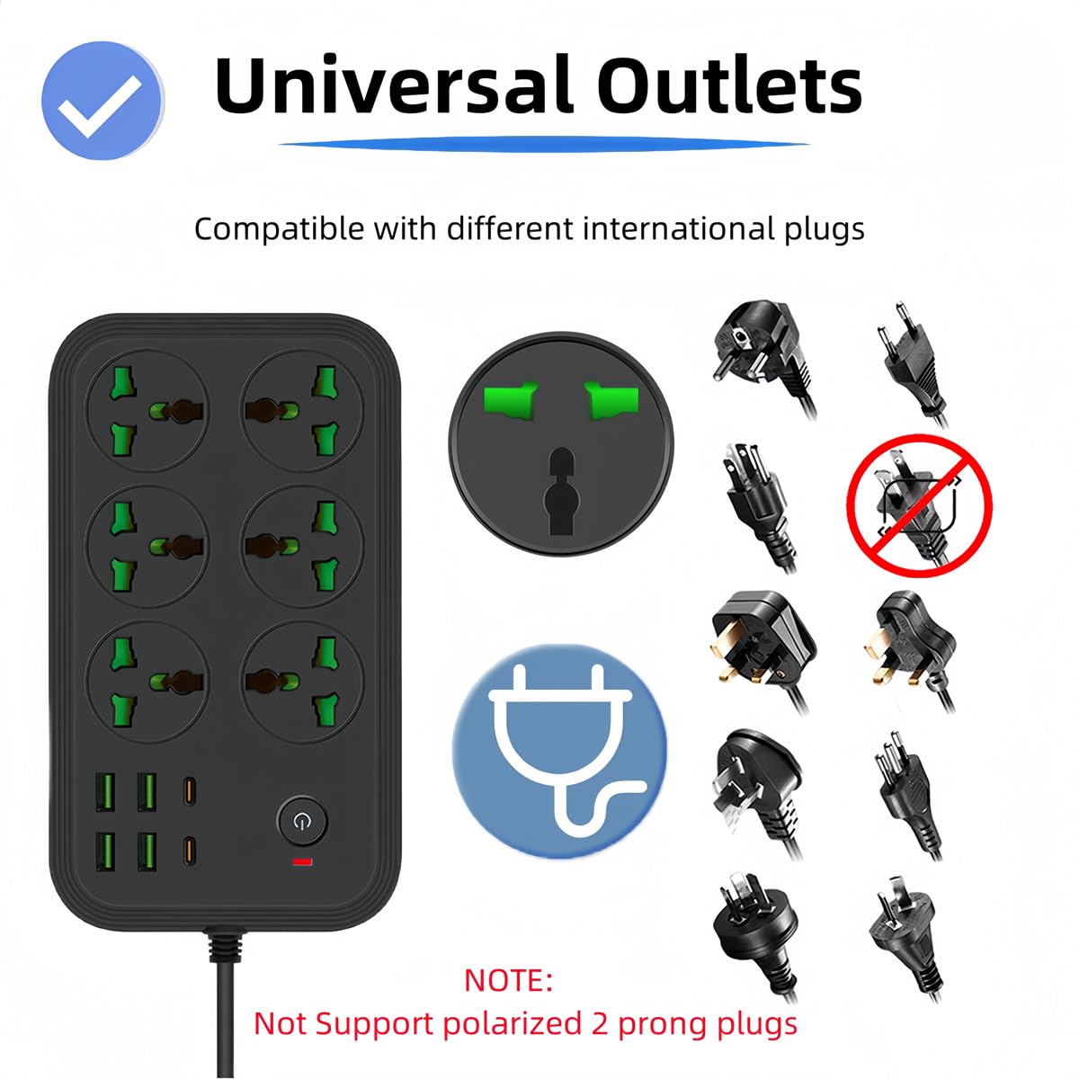 12 in 1 Power Strip with USB C, Universal Extension Cord with 6 Wide AC Outlets and 4 USB Ports, 110-240v, Max 3000w, Wall Mount International Plug
