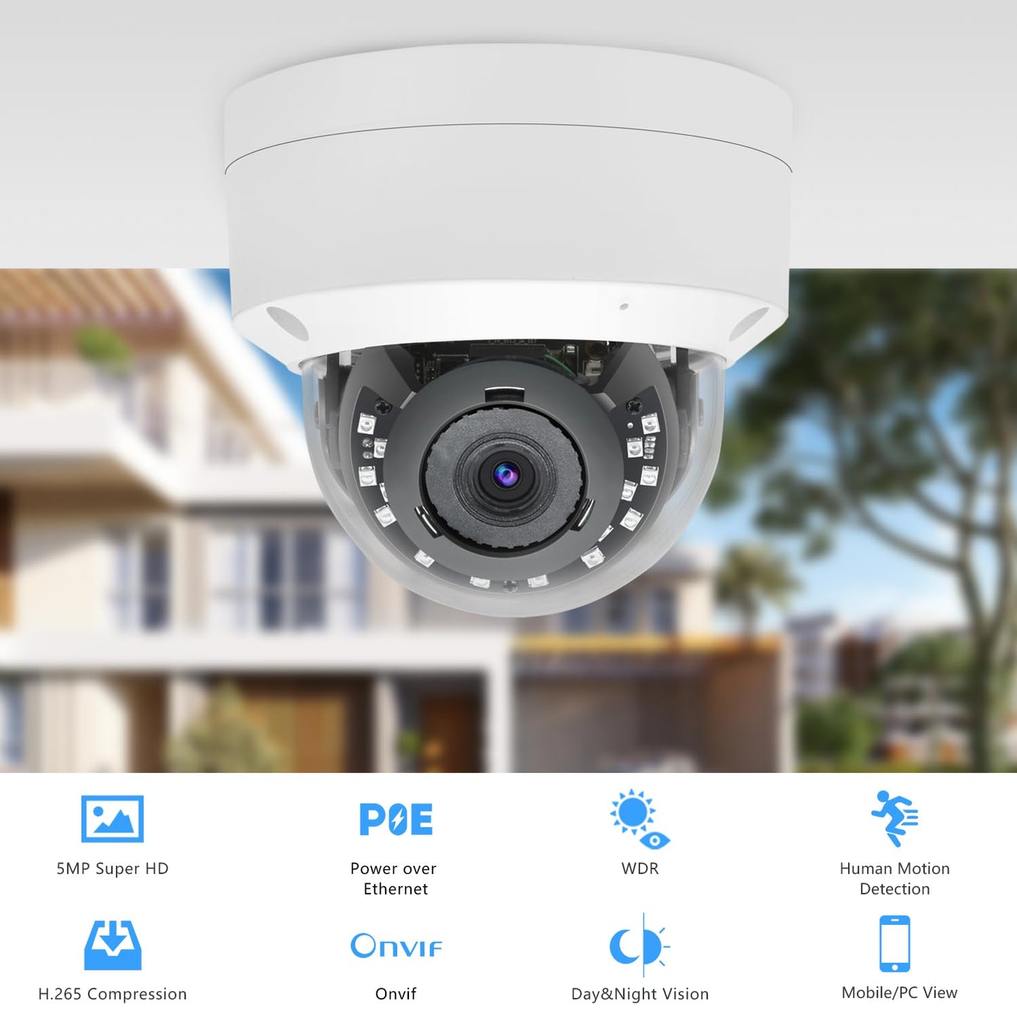 Tennoz 5MP PoE IP Vandal Dome Security Camera Outdoor, IP Network PoE Camera with 2.8mm Lens, 105° Wide Angle, H.265, Built-in Mic, IP66 Waterproof