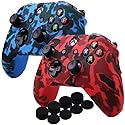 YoRHa Water Transfer Printing Camouflage Silicone Cover Skin Case for Microsoft Xbox One X & Xbox One S Controller x 2(red&Blue) with PRO Thumb Grips