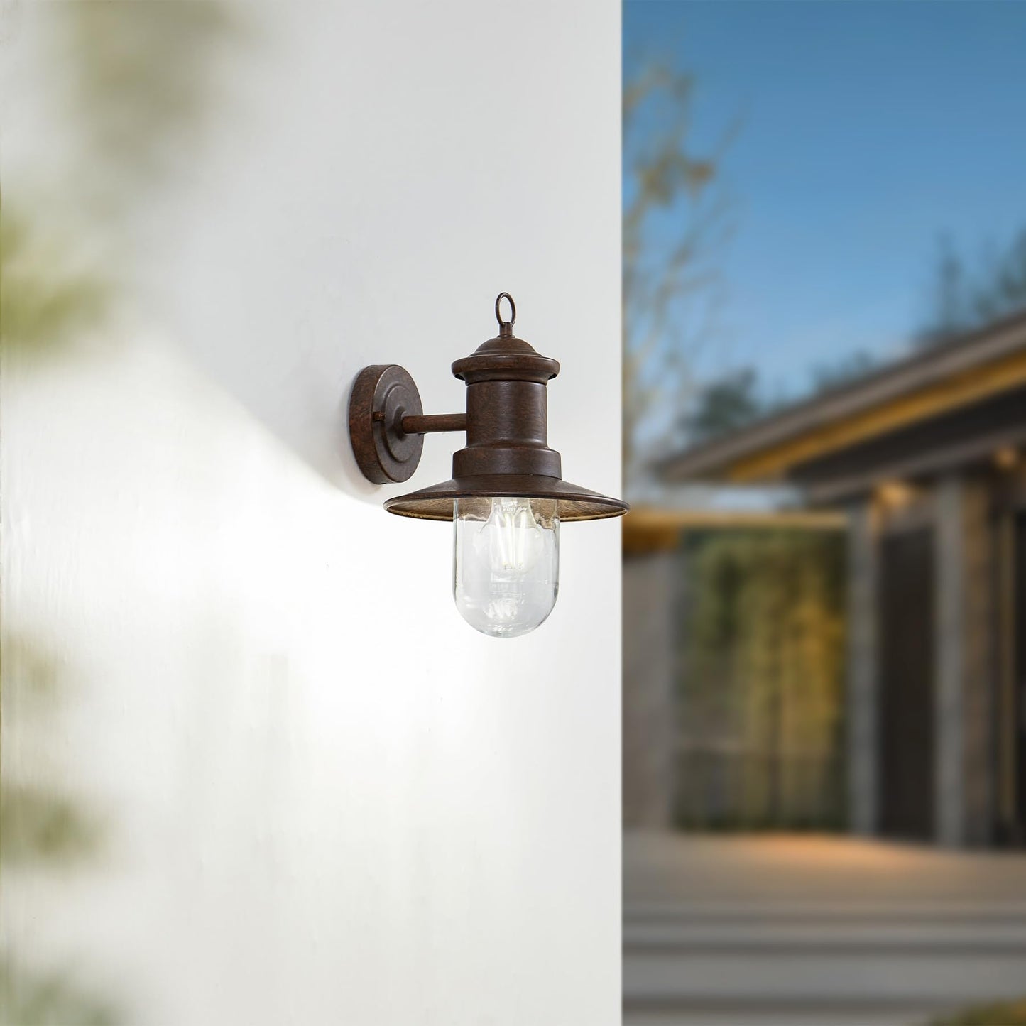 Lucande Outdoor Wall Lantern, Rust Finish Farmhouse Exterior Sconce, Clear Glass Porch Decor Wall Light for Front Door Garage Patio, Outside Lights