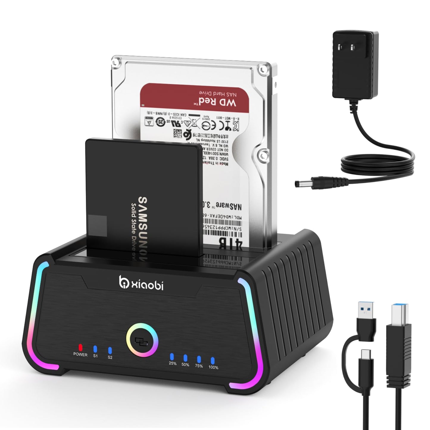 Xiaobi Hard Drive Docking Station , USB C Dual Bay Dock for 2.5/3.5" SATA HDD SSD, Hard Drive Reader Up to 5Gbps, Support UASP Offline Clone Function