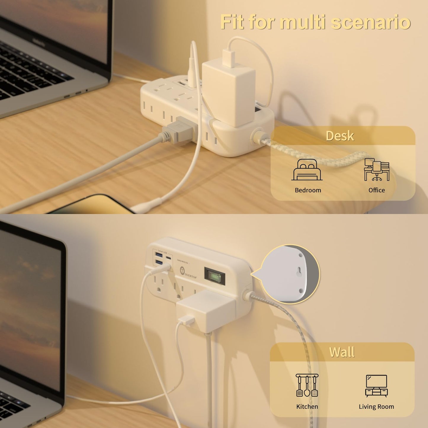Overtop 12 in 1 Power Strip Surge Protector, 8 Outlets 4 USB (2 USB C Ports), Compact Wall Outlet Extender, Nightlight Flat Plug 5FT Extension Cord