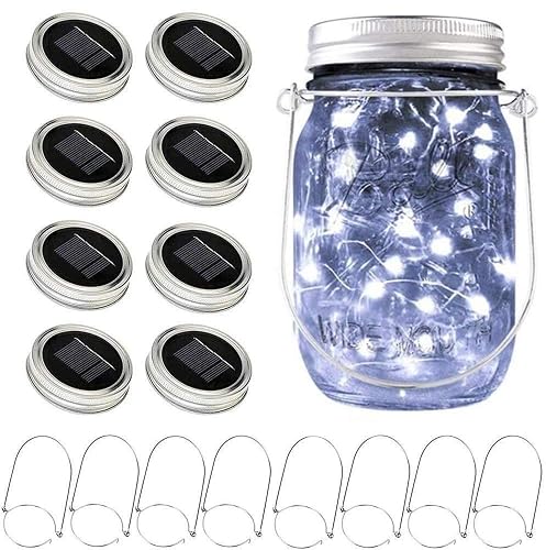 Solar Mason Jar Lights, 8 Pack 15 LED Waterproof Fairy Firefly Jar Lids String Lights with Hangers(NO Jars), Patio Yard Garden Wedding Easter