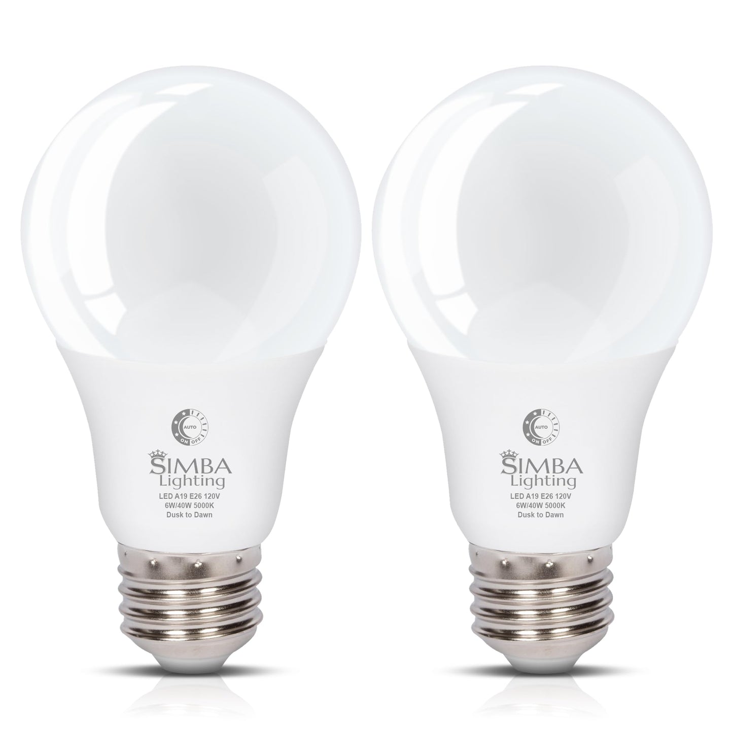 Simba Lighting LED A19 Dusk to Dawn 6W 120V Outdoor Bulbs E26 5000K, 2 Pack