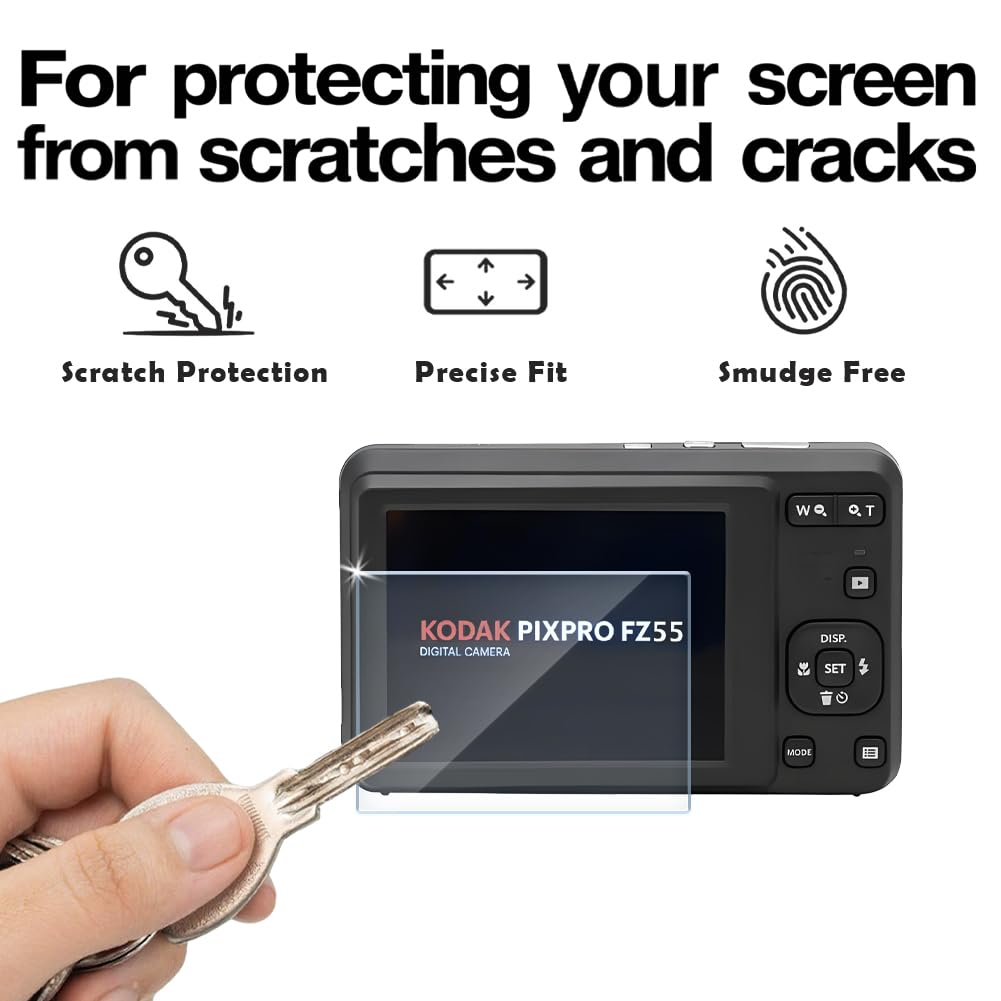 Screen Protector (3+1Pack) Compatible for Kodak PIXPRO FZ55 Digital Camera,Tempered Glass Film Anti-Scratch High Definition and Soft Silicone Case