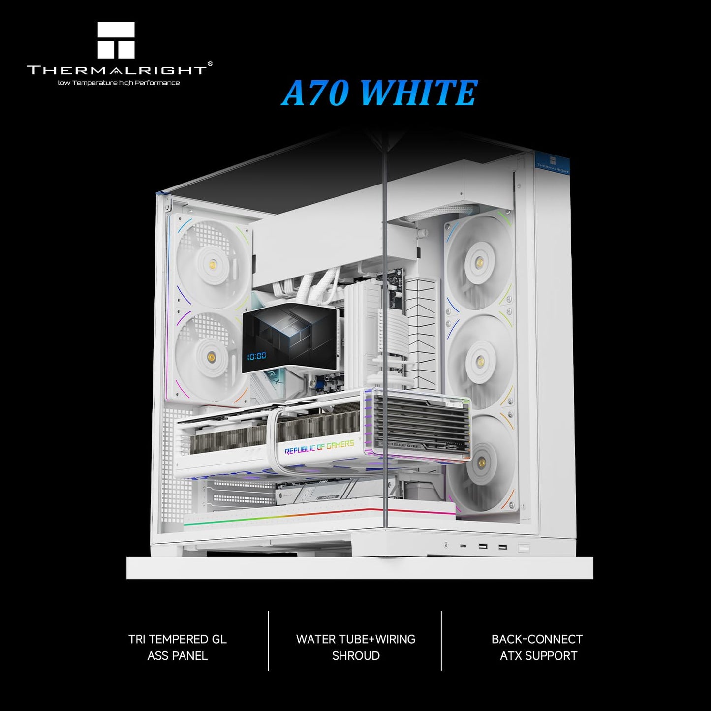 Thermalright A70 White ATX Gaming Case Three-Sided Column-Free Glass 8 CPU Fan Slots + Four-Way Airflow Tool-Free Quick Release Vertical Graphics Card