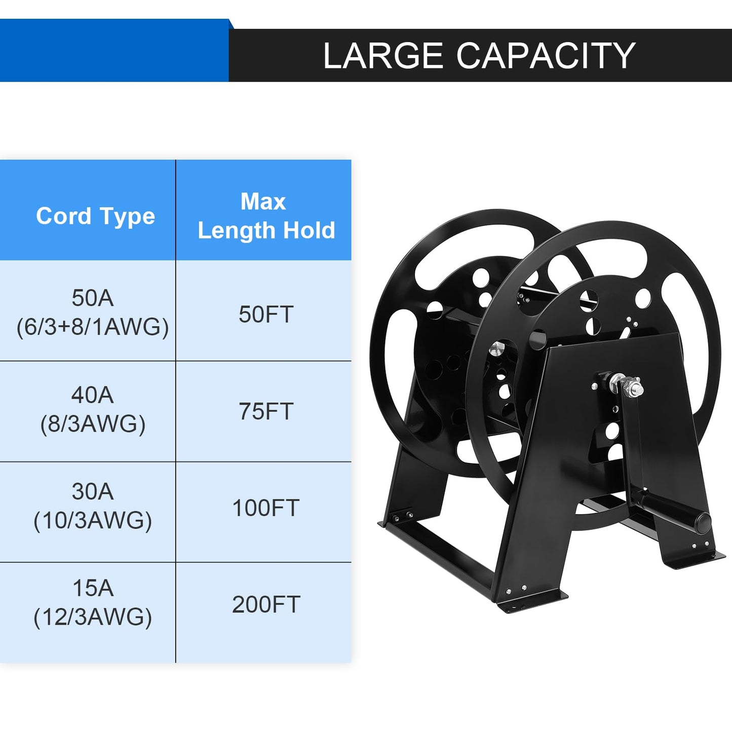 Dollate RV Extension Cord Reel Stand, Up to 200 Feet of 15A (12/3 AWG) Metal Reel Frame with Foldable Handle, Metal Heavy Duty Power Cord Storage Reel