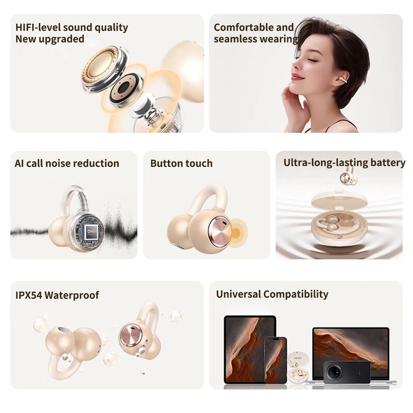 HDKKE Upgraded Open Ear Earbuds Clip-On Earbuds Comfortable fit & Crystal-Clear Sound, 80H Playtime Bluetooth 5.4 Wireless Headphones for Women Ideal