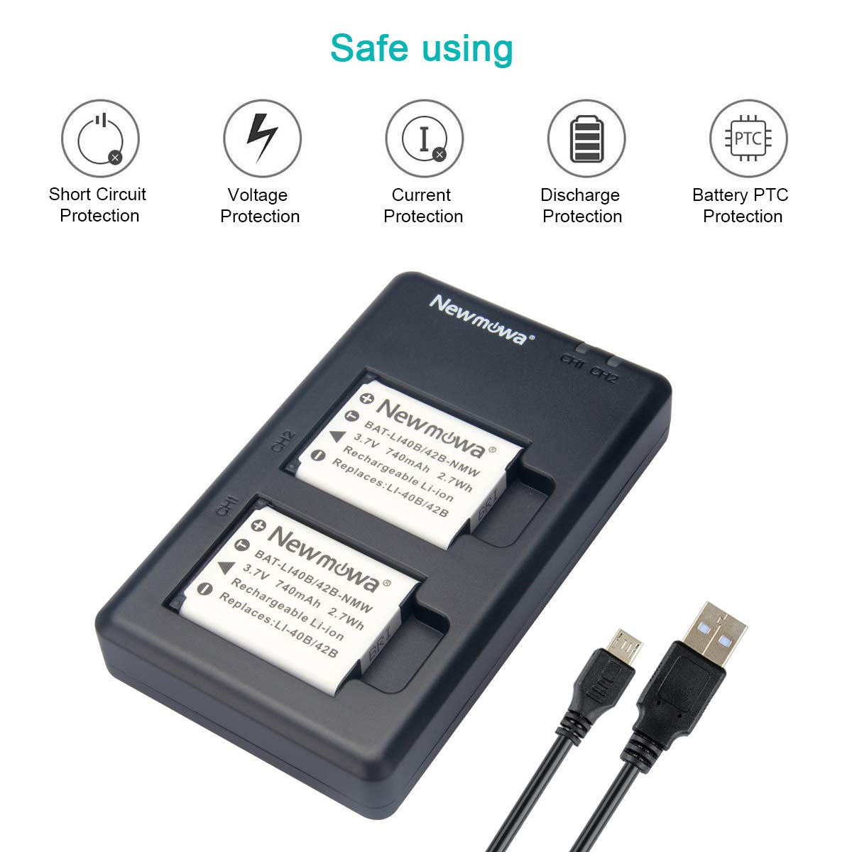 Newmowa Li-42B Replacement Battery (2 Pack) and Dual USB Charger Kit for Olympus Li-42B/Li-40B,Fujifilm NP-45S and Olympus Stylus 1040 1060 1070 7000