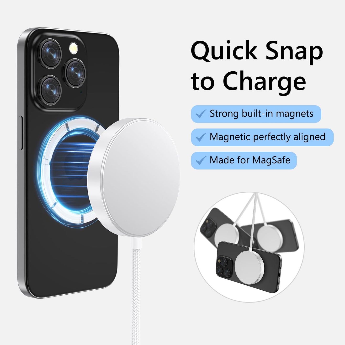 Trendy Wireless Charger for MagSafe Charger, Qi2 Certified 15W Fast Charging Pad, Strong Magnetic Charger with 1.5m Braided Cable, for iPhone 16/15/14
