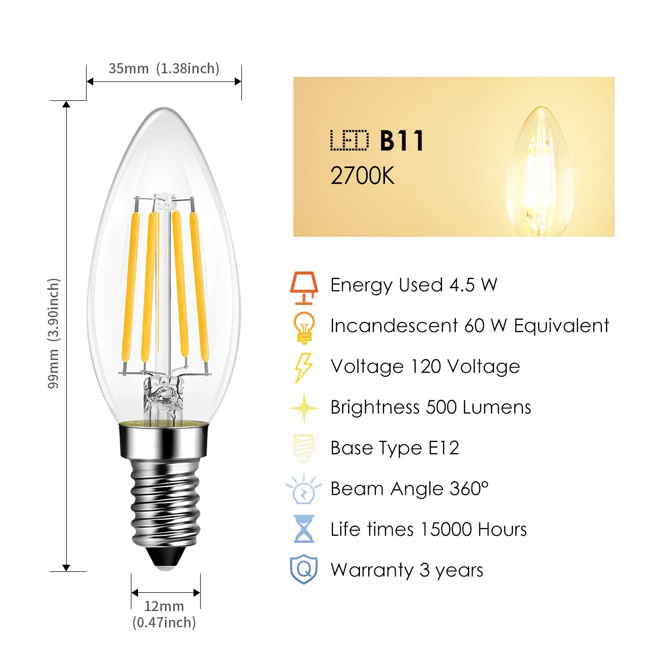 LVWIT E12 Candelabra LED Bulb Dimmable, 2700K B11 Candle Light Bulb,6 Pack