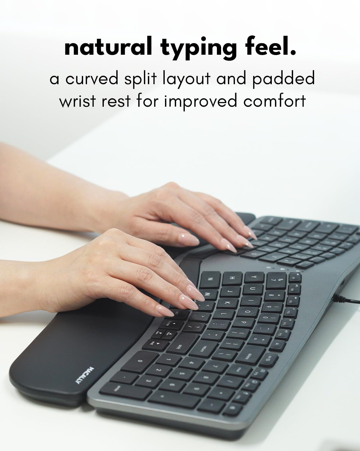Macally Wired Ergonomic Keyboard for Mac - USB Hub, Backlit Keys, Dual USB C + A Plug, Split Design, Padded Wrist Cushion - Compatible Apple Keyboard