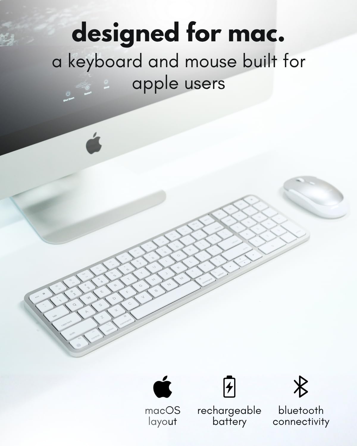 Macally Bluetooth Mac Keyboard and Mouse (Compact, Multi Device, Rechargeable) - Wireless Apple Keyboard and Mouse Combo - for Mac mini/Studio