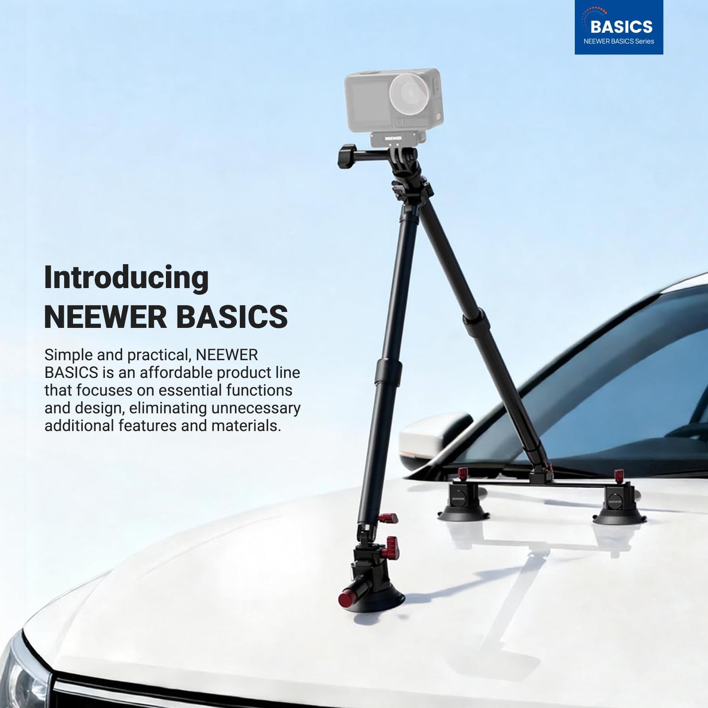 NEEWER Triple Suction Cup Car Mount Kit, Two 24" Aluminum Alloy Extension Poles, NATO Rail, Action Camera Adapter Compatible with GoPro DJI Insta 360