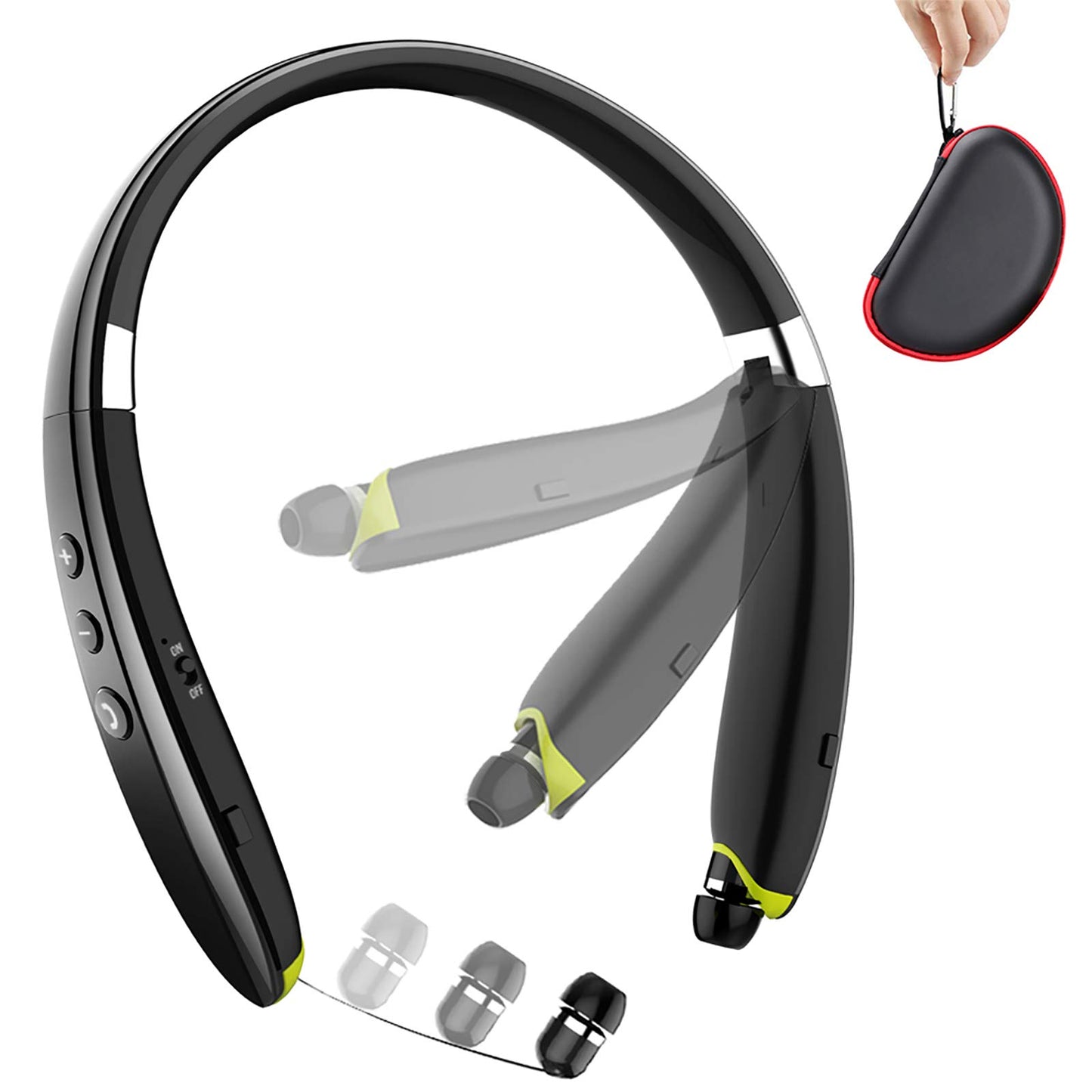 BEARTWO Bluetooth Headphones, Upgraded Foldable Wireless Neckband Headset with Retractable Earbuds, Noise Cancelling Stereo Earphones with Mic
