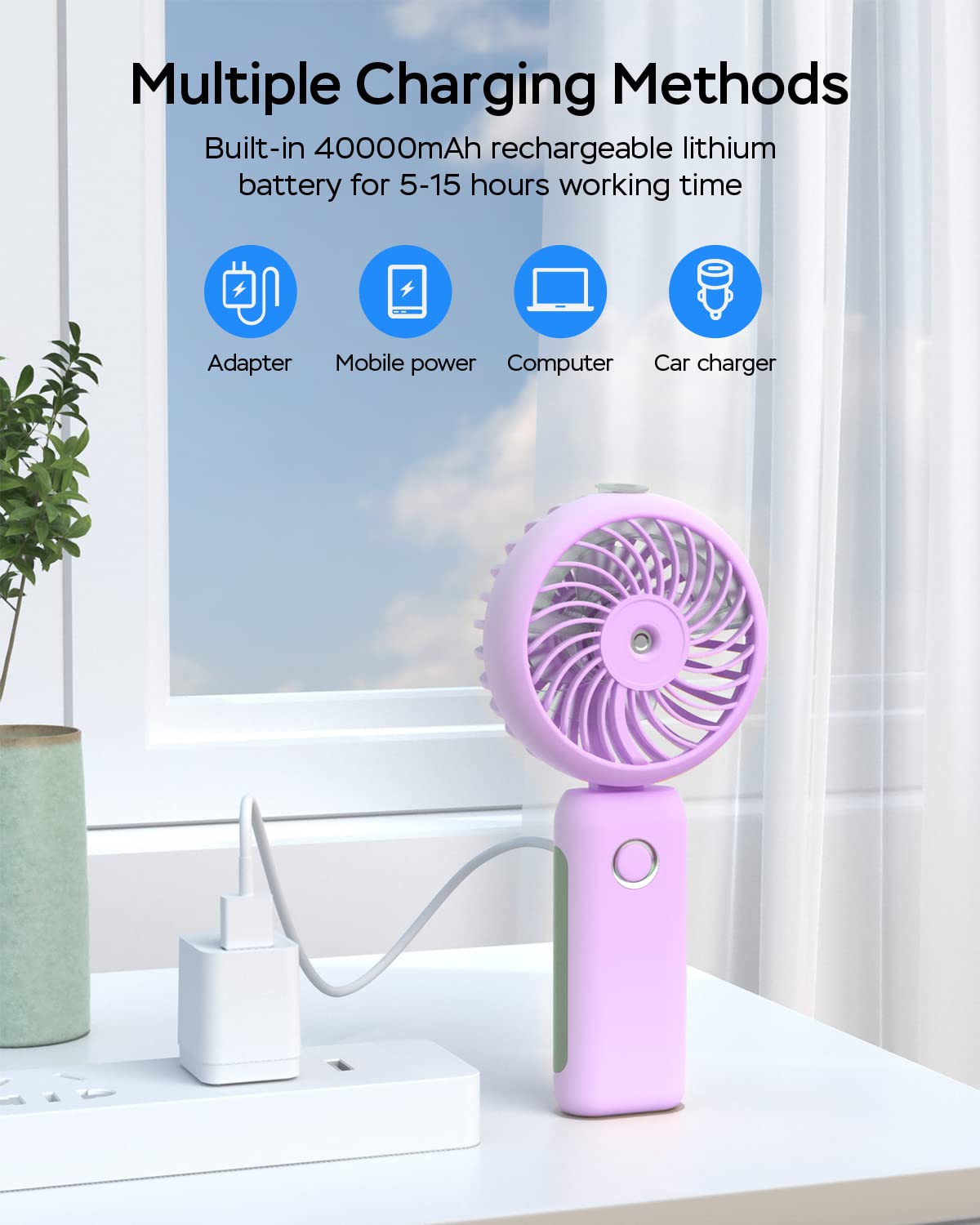 RNKRUN Portable Handheld Misting Fan, USB Rechargeable, Foldable with Water Tank, 3 Speeds, for Travel and Outdoors (purple)