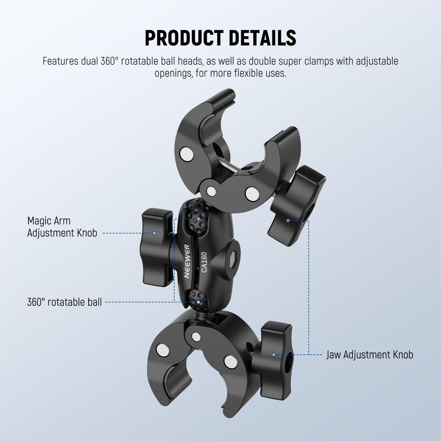 NEEWER Double Super Clamp Mount with Magic Arm, 360° Umbrella Flag Pole Clamp Holder for Desk Photo Studio Light Stand Photography Reflector Scrim