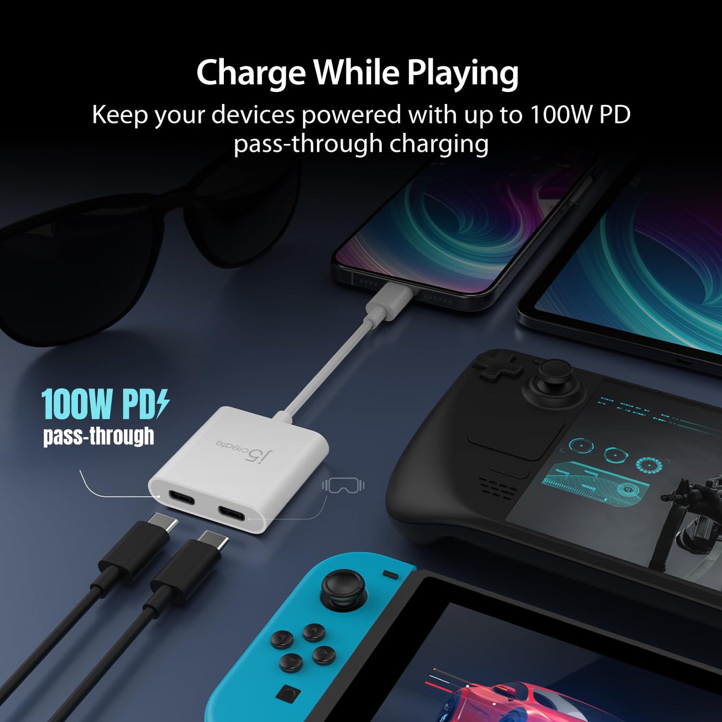j5create AR Glasses USB-C Video and Charging Adapter, Support 4K@240Hz, up to 100W PD Pass Through Charging, for XREAL, Viture, Rokid, Steam Deck, ROG