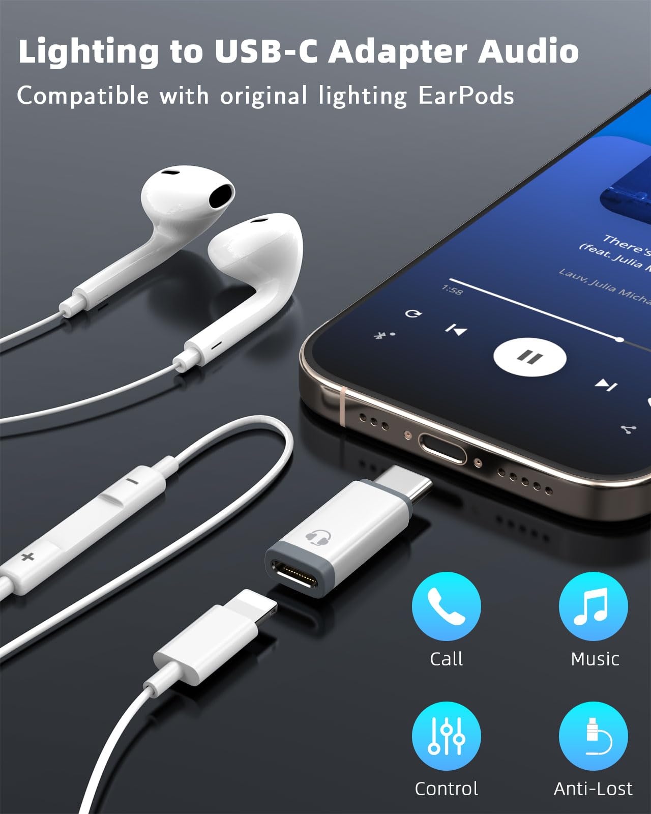 MoKo Lightning to USB C Adapter Audio Only for Apple Earpods with Line Control, Not for Charging/Data Transfer, Lightning to USB C Adapter for iPhone