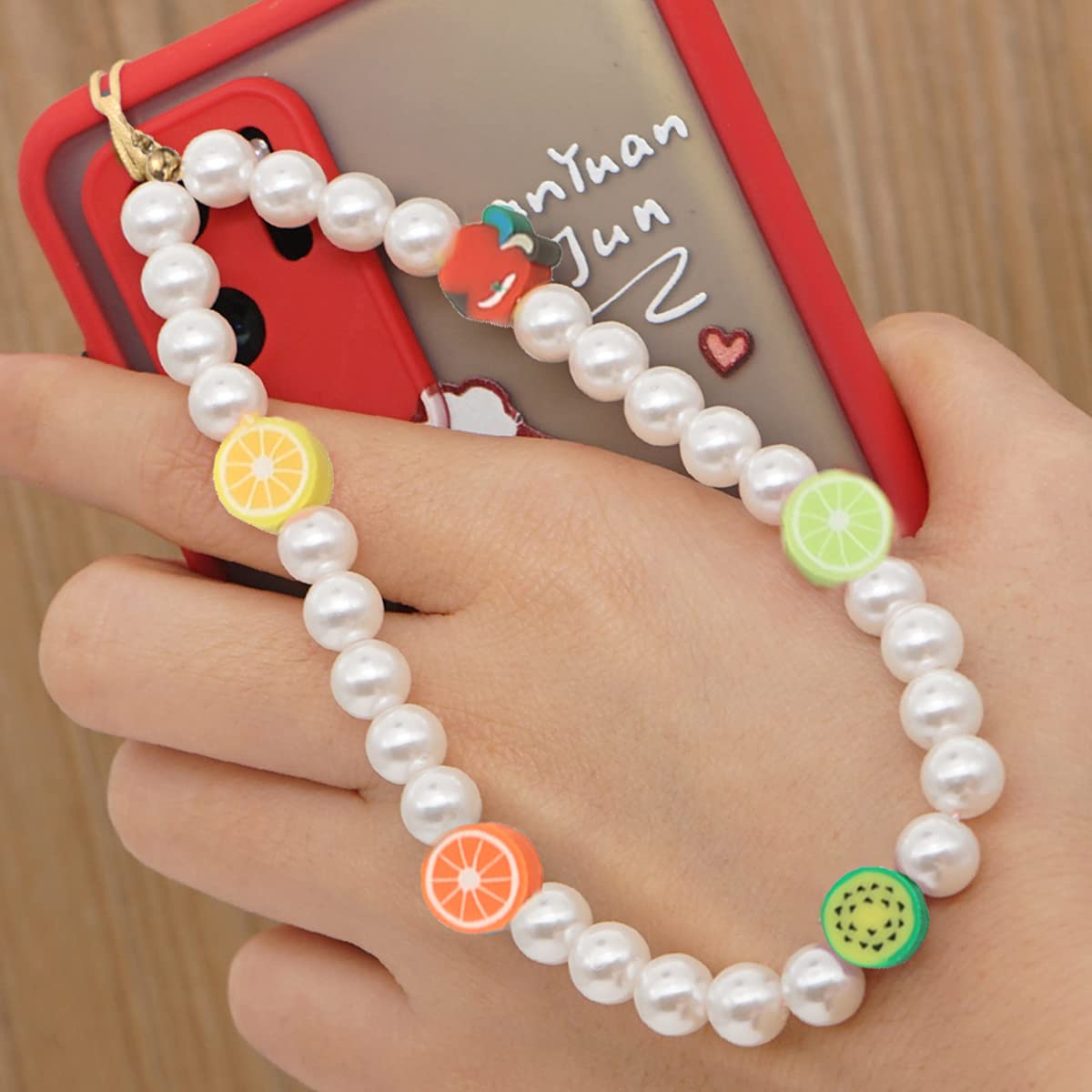 Taouzi 6 Pcs Beaded Phone Charms Strap Faux Pearl Face Fruit Star Rainbow Beaded Phone Lanyard Wrist Strap Beaded Lanyard for Phone Camera Key Wallet