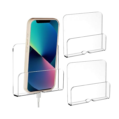 MIUPOO Clear Wall Mounted Phone Holder,Acrylic Phone Stand Self Adhesive with Charging Hole,Smartphone Cradle Bedside Organizer Remote Control Stand