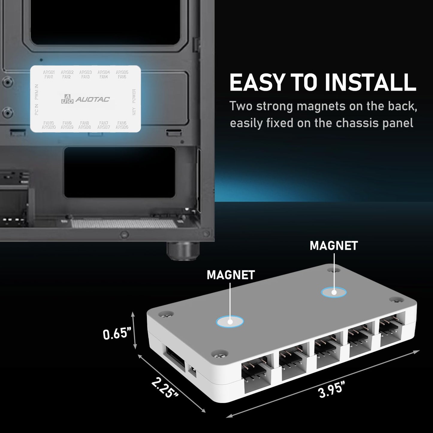 Auotac ARGB Controller PWM Fan Hub with RF Remote, (Connect Ten Case Fans, 5V 3Pin ARGB & 12V 4Pin PWM Fan Connector, Dual SATA Power Input, Magnetic