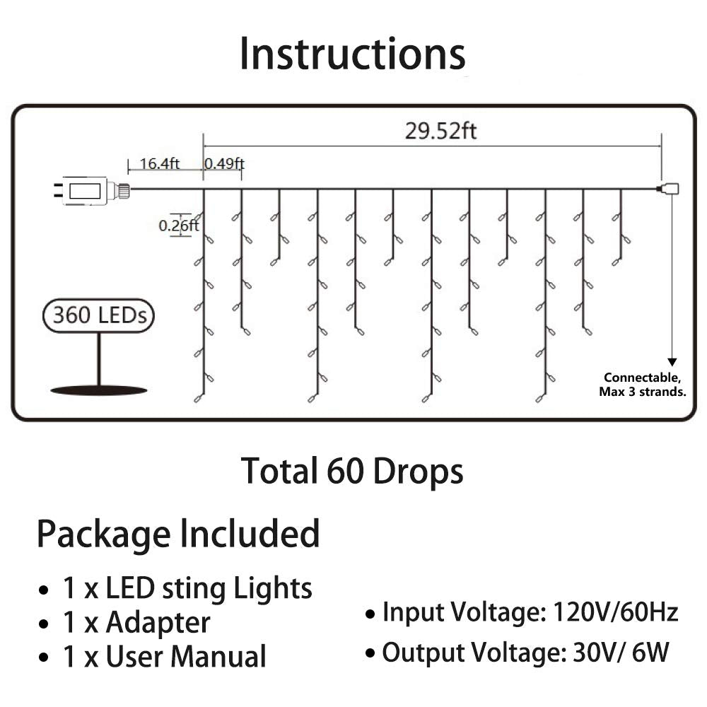 Toodour Christmas Icicle Lights Outdoor, 360 LED 29.5ft 8 Modes Fairy Icicle String Light with 60 Drops, Led Christmas Lights Twinkle for Holiday
