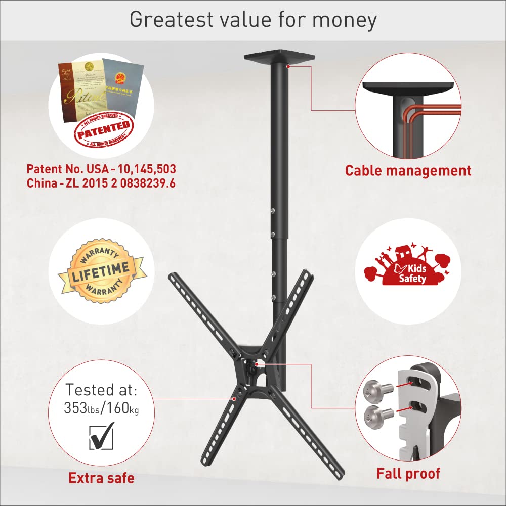 Barkan 38'' Long TV Ceiling Mount, 13-65 inch Full Motion - 3 Movement Flat/Curved Screen Bracket, Holds up to 88lbs, Telescopic Height Adjustment