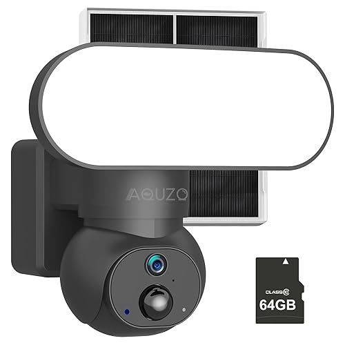 AQUZO 2K Floodlight Camera Solar Powered, 1500 Lumens Security Light, Wireless Outdoor Cam with 360° PTZ, Human/Vehicle/Animal AI Detection, Color