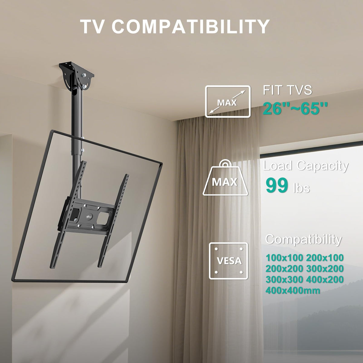 WALI Ceiling TV Mount for Most 26-65 inch LCD LED OLED 4K TVs, up to 99 lbs