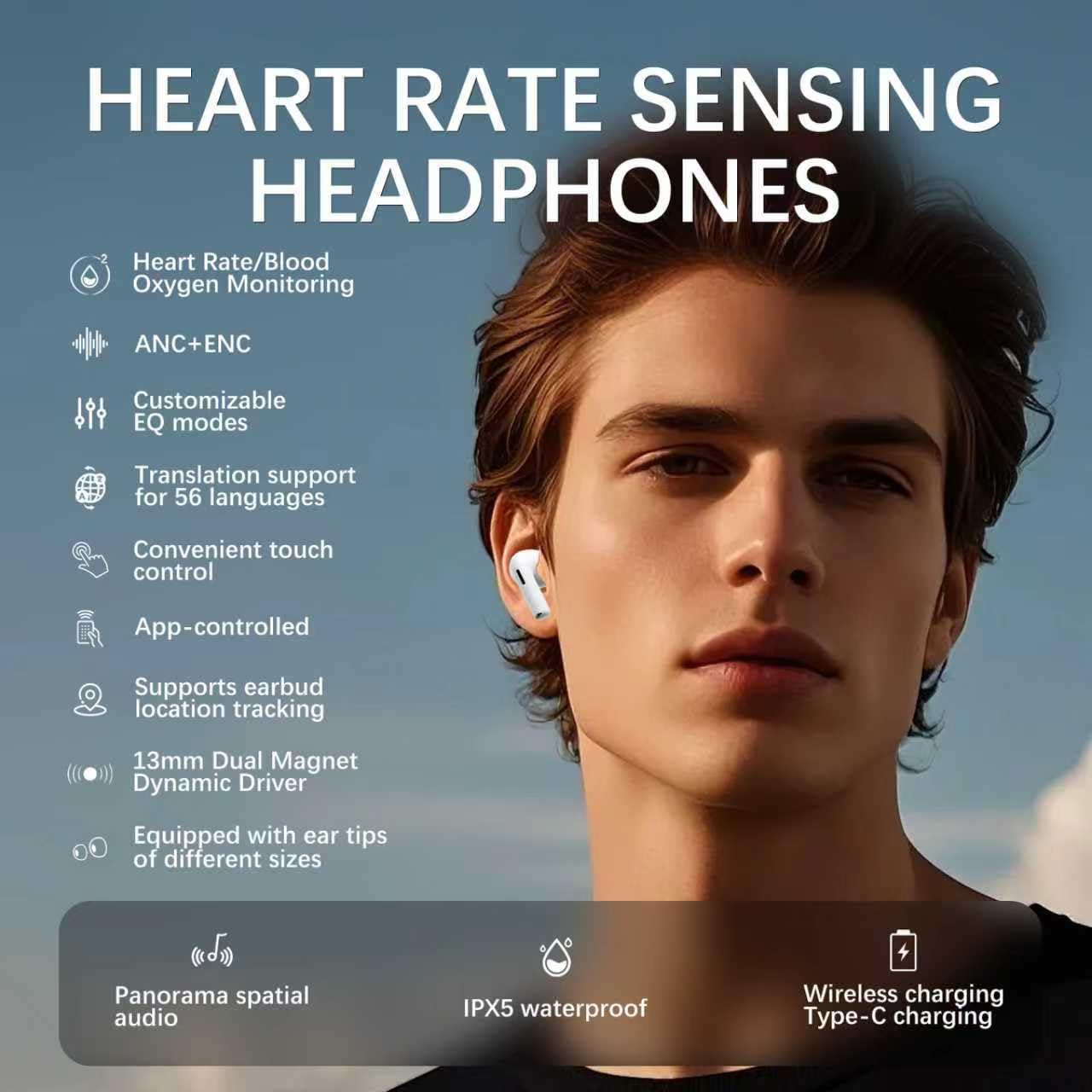 Ausbilew Pro3 Wireless Earbuds,Active Noise Cancellation,Live Translation,Heart Rate Sensing,Panoramic Stereo Sound,Bluetooth Headphones, USB-C…
