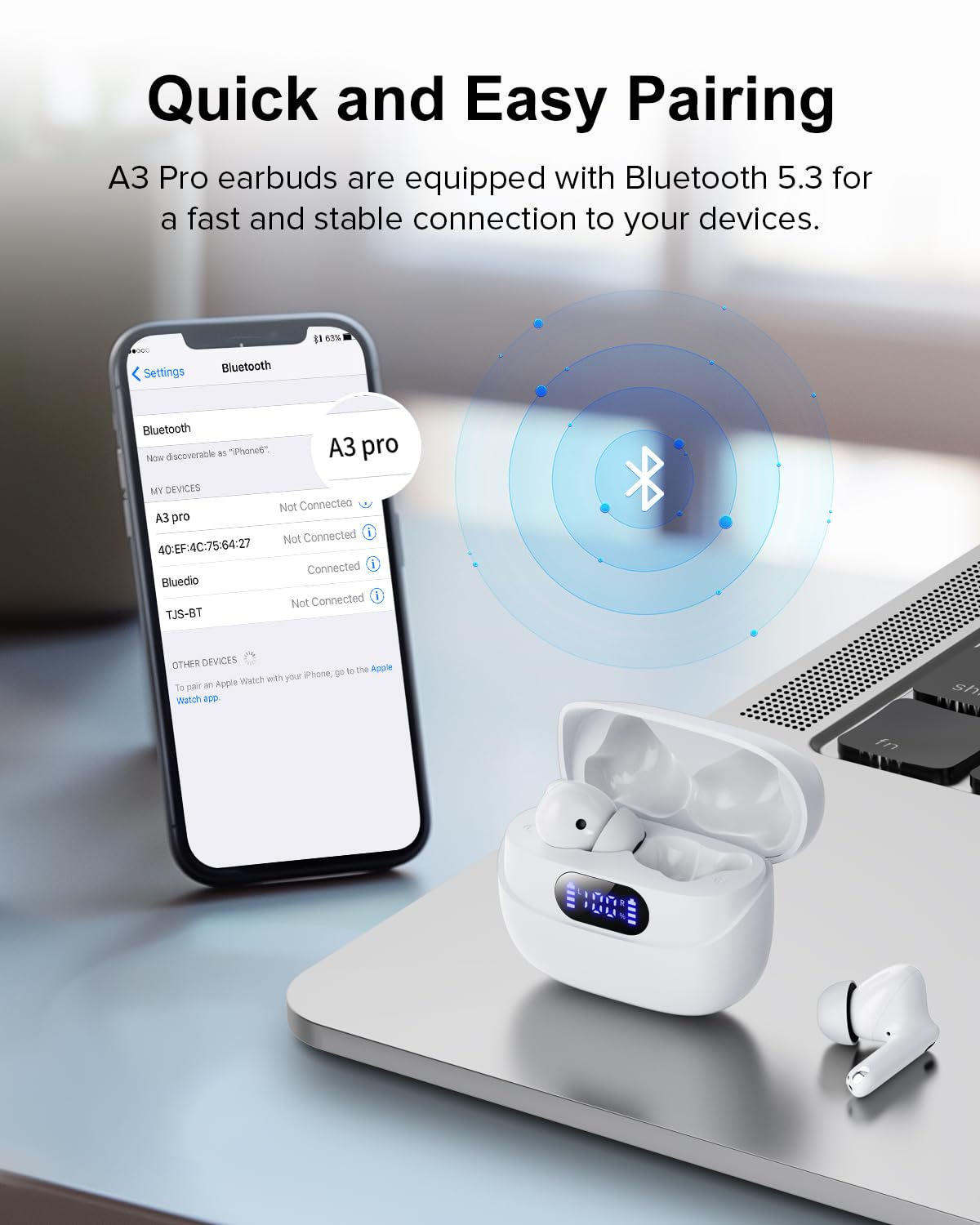 TUMJUN Wireless Earbuds, 42H Playtime Bluetooth 5.3 Headphones, HiFi Stereo Call Noise Cancelling Earbuds, IPX7 Waterproof Stereo in-Ear Earphones