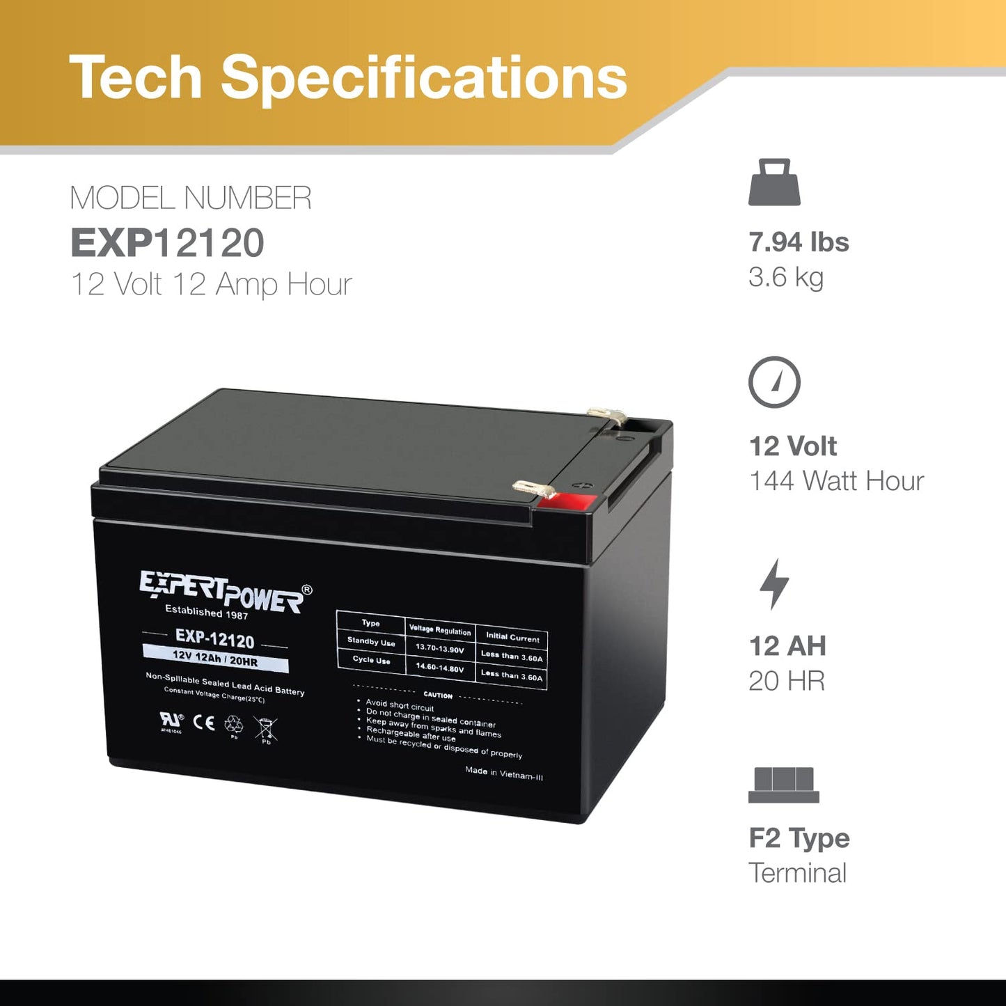 ExpertPower EXP12120 12V 12Ah AGM Battery - Sealed Lead Acid 12V Battery Pack, Rechargeable SLA with F2 Terminals, UPS Replacement, Wheelchair…