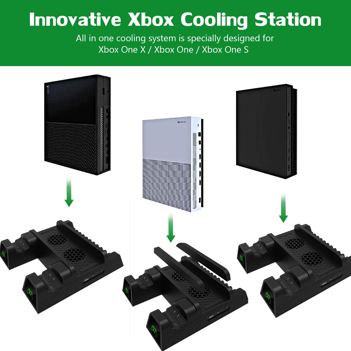 Cooling Stand for Xbox One/One S/One X, CTPOWER Vertical Charging Station with 2 Pack 600mAh Batteries, Games Storage, Dual Controller Charging